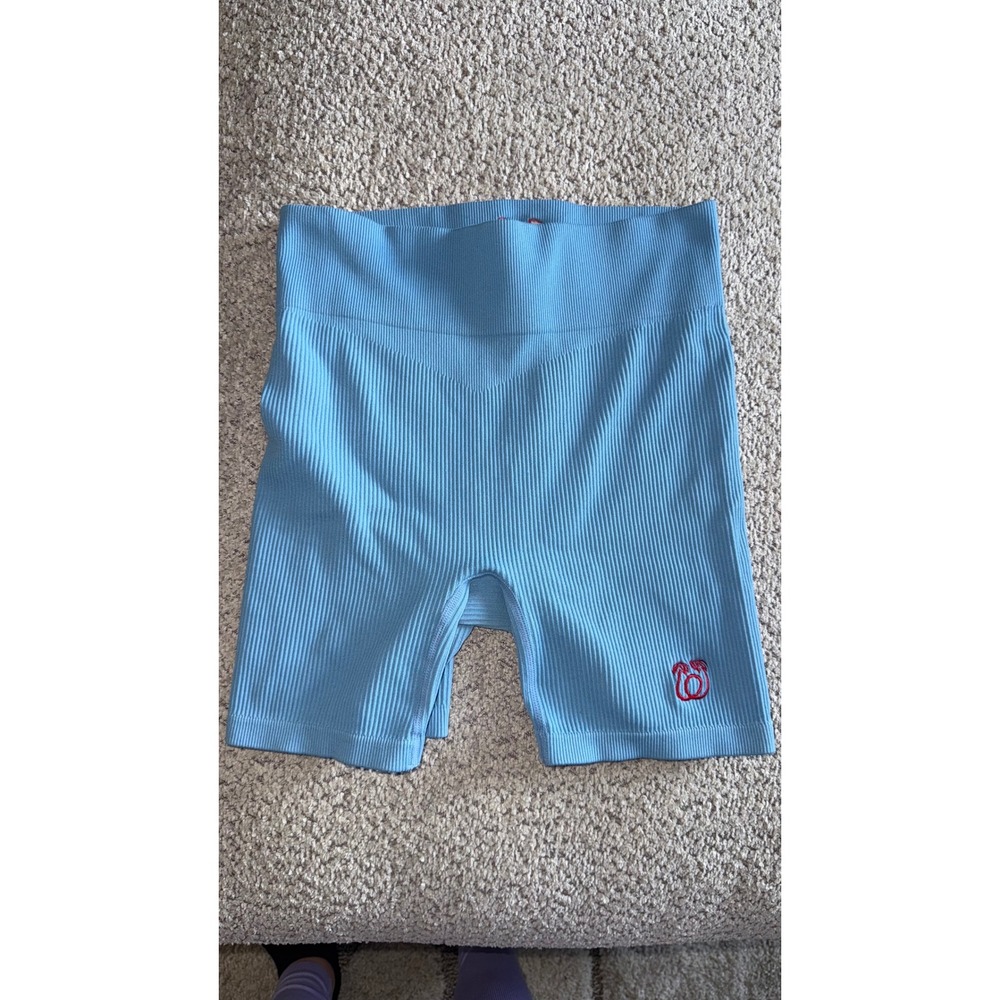 Stay Coastin Womens Ribbed Seamless Biker Shorts Blue High Waisted Athletic, L